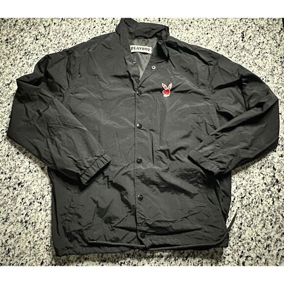 Payboy Pacsun‎ Jacket Men's Medium Black Bomber Windbreaker Snap Button Graphic - Picture 1 of 7